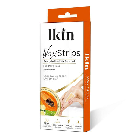 Ikin Instant Wax Strip With Papaya&Lemon Extract For Women Normal Skin-20 Strips Long Lasting Soft&Smooth Skin Cold Gel Wax Hair Removal Upto 4 Weeks Of Smoothness With 4 Perfect Wipes,20 Count