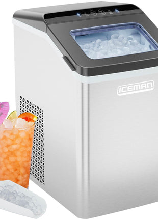 Iceman Pebble Ice Machine, Countertop Nugget Ice Maker Produces Chewable Pellet Ice in 20 Minutes, Makes 33lbs/Day, with One-Touch Cleaning Function and Ice Scoop/Basket Included – Stainless Steel