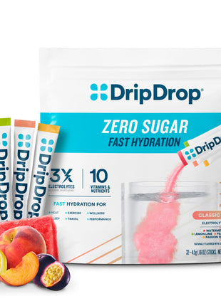 DripDrop Sugar Free Hydration Packets   Zero Classic Variety Pack   Single Serve Electrolytes Powder Drink Mix   Lemon Lime, Watermelon, Peach, Passion Fruit   Non GMO, Gluten Free, Vegan   32 Sticks