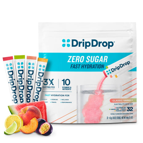 DripDrop Sugar Free Hydration Packets   Zero Classic Variety Pack   Single Serve Electrolytes Powder Drink Mix   Lemon Lime, Watermelon, Peach, Passion Fruit   Non GMO, Gluten Free, Vegan   32 Sticks