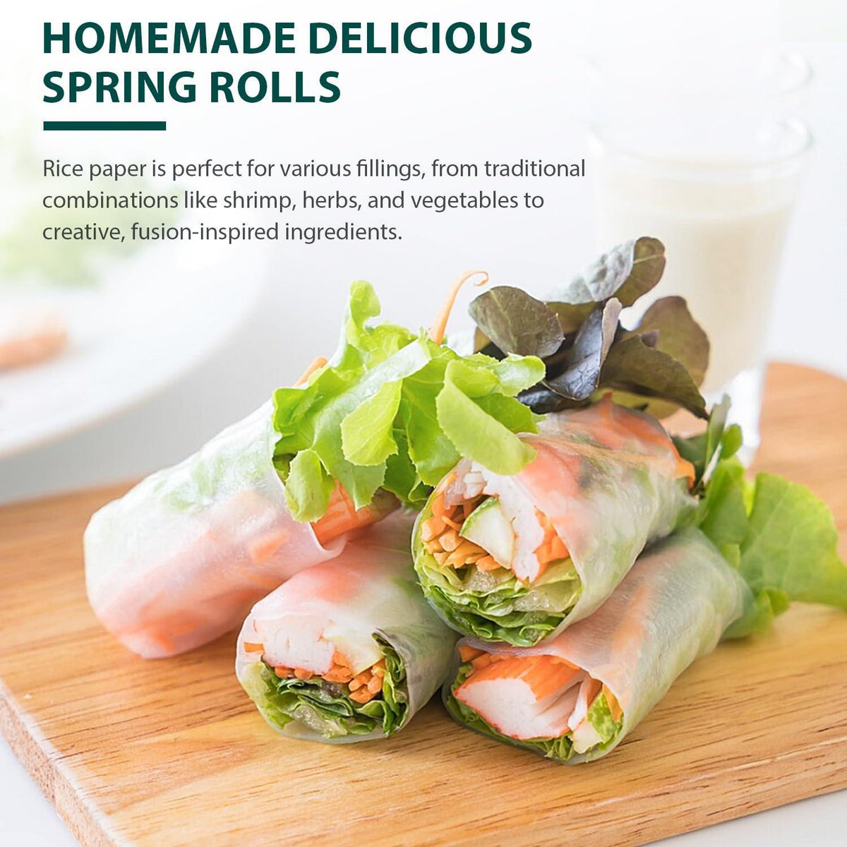 Soeos Rice Paper, White Rice Paper Wrappers, 1 Pack, 34 Sheets-Fresh Spring Roll Wrappers & Dumplings, Non-GMO, Gluten-Free, Low Carb, Vietnamese Rice Wraps (Round, 22cm)