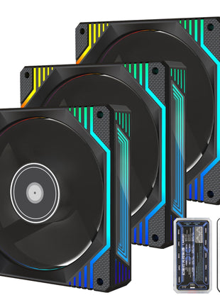 PANO-MOUNTS 120mm 6-Pin Infinity Mirror RGB Computer PC Case Fans with 6-Pin Fan Hub and Adjustable Color Controlled by Remote 3-Pack Black