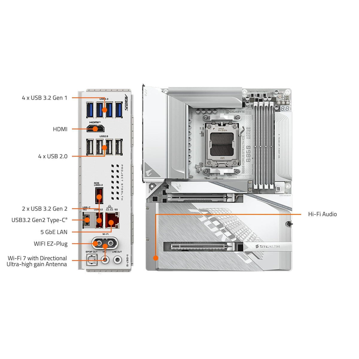 GIGABYTE B850 AORUS STEALTH ICE AMD AM5 Motherboard, ATX, DDR5, 4x M.2, PCIe 5.0, USB-C, WIFI7, 5GbE LAN, EZ-Latch,