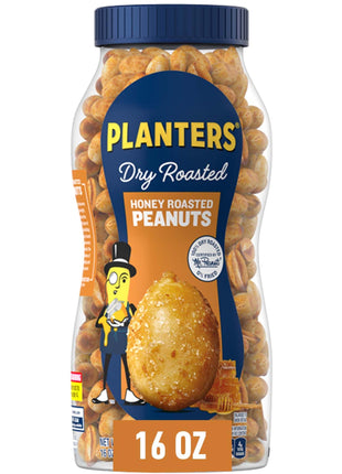 PLANTERS Honey Roasted Peanuts, Dry Roasted Peanuts, Party Snack, Plant Based Protein, After School Snack, Sweet and Salty, Salted Nuts, Sea Salt & Honey, Snacks for Adults, Kosher, 16oz Jar