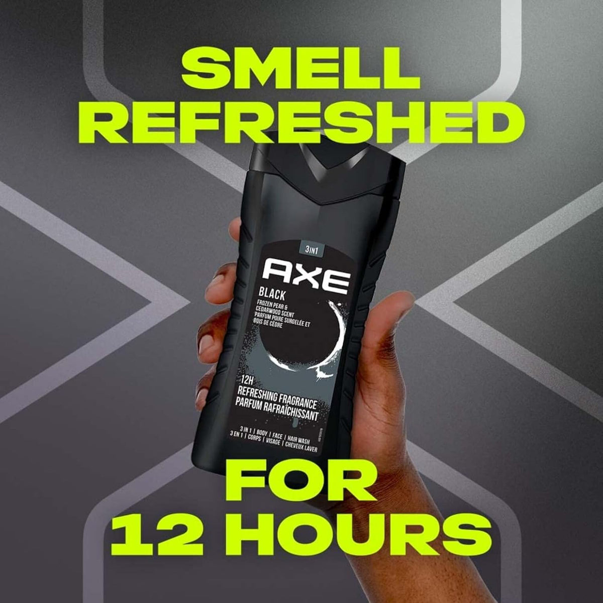 Axe Black 3 In 1 Body, Face & Hair Wash For Men, Long-Lasting Refreshing Frozen Pear & Cedarwood Fragrance For Up To 12Hrs, Natural Ingredients, Removes Odor & Bacteria, No Parabens, 250Ml