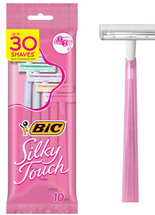 BIC Silky Touch Women's Disposable Razors, With 2 Blades, Pretty Pastel Razor Handles, 10 Count Pack of Shaving Razors