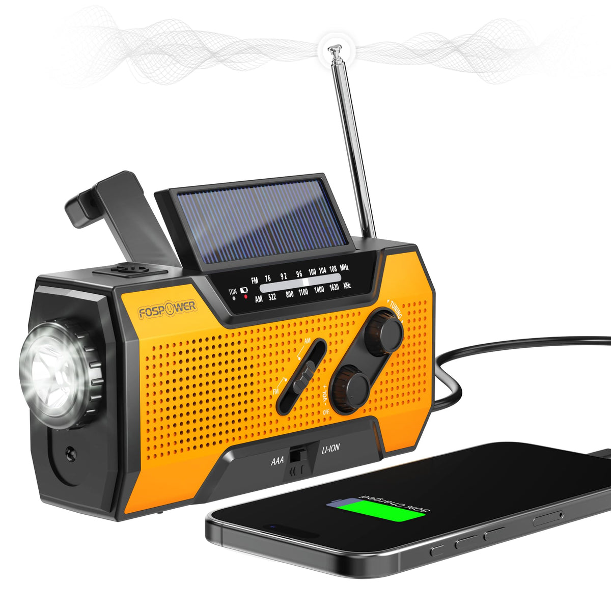 FosPower Emergency Weather Radio (Model A1) NOAA/AM/FM with 7400mWh Portable Power Bank, USB/Solar/Hand Crank Charging, Battery Operated, SOS Alarm & Flashlight for Indoor/Outdoor Emergencies