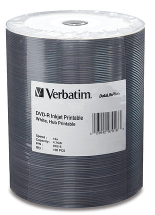 Verbatim DVD-R Blank Discs 4.7GB 16X DataLifePlus White Inkjet Printable Recordable Disc Hub Printable - 100pk Tape Wrap