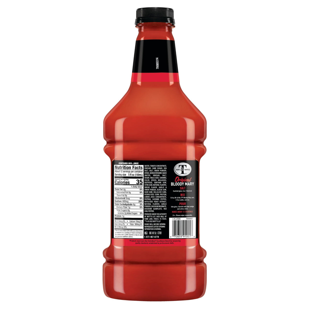 Mr & Mrs T Original Bloody Mary Mix, 1.75 L bottle (Pack of 6), Tomato Juice Blend Cocktail Mixer, Premium Ingredients, Perfect for Bloody Mary and Mocktail Drinks