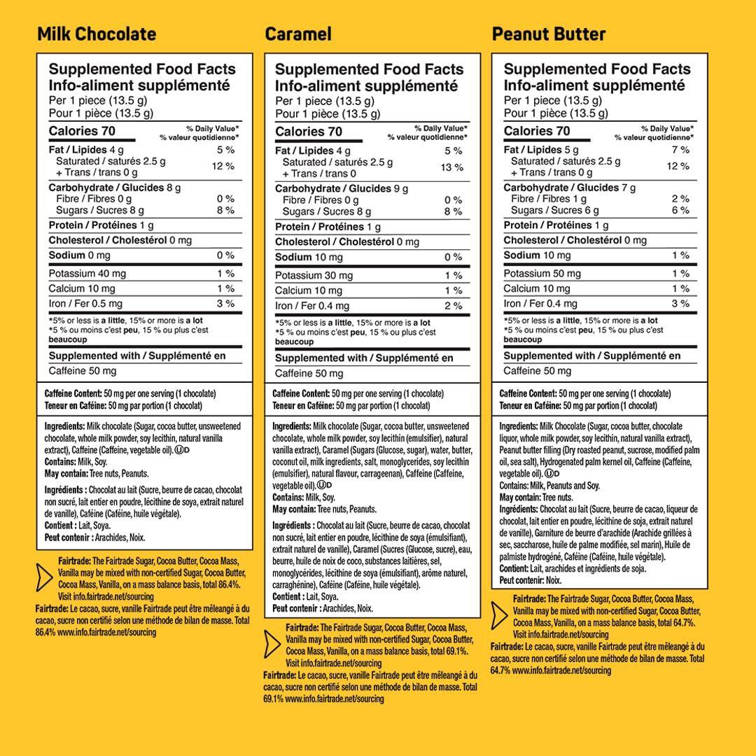 AWAKE - Caffeinated Chocolate Bites - 50mg Caffeine - Variety Pack (3 Flavors), 50 Bites - Peanut Butter, Milk, & Caramel - Energy Bites - Coffee Alternative - Fairtrade, Gluten Free, Non GMO - 0.48oz