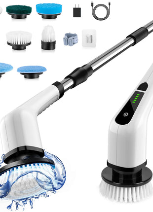 Electric Spin Scrubber, Power Shower Cleaning Brush with Long Handle | Cordless Cleaning Scrubber, 7 Replaceable Brush Heads, 90Mins Work Time, 3 Adjustable Size, 2 Speeds for Bathroom Cleaner