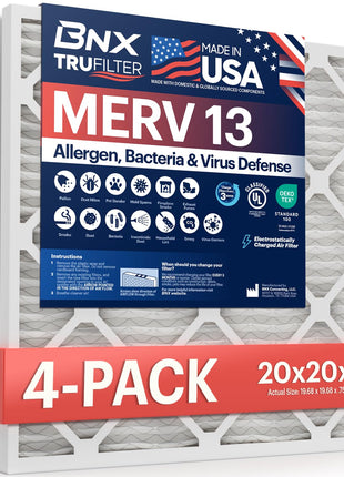 BNX TruFilter 20x20x1 MERV 13 (4-Pack) AC Furnace Air Filter - MADE IN USA - Electrostatic Pleated Air Conditioner HVAC AC Furnace Filters - Removes Pollen, Mold, Bacteria, Smoke