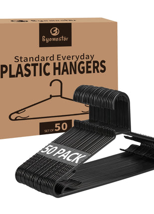 Byomostor Black Plastic Hangers 50 Pack, Light Weight Durable Clothes Hangers G-Shape Standard Size Non-Slip Coat Hanger Adult Clothes Hangers for Laundry & Everyday Use -Slim & Space Saving