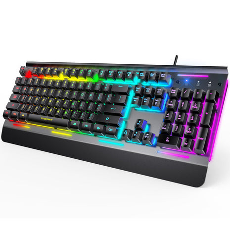 TECKNET Wired Gaming Keyboard, USB Wired Computer Keyboard, 15-Zone RGB Illumination, IP32 Water Resistance, 25 Anti-ghosting Keys, All-Metal Panel (Whisper Quiet Design)