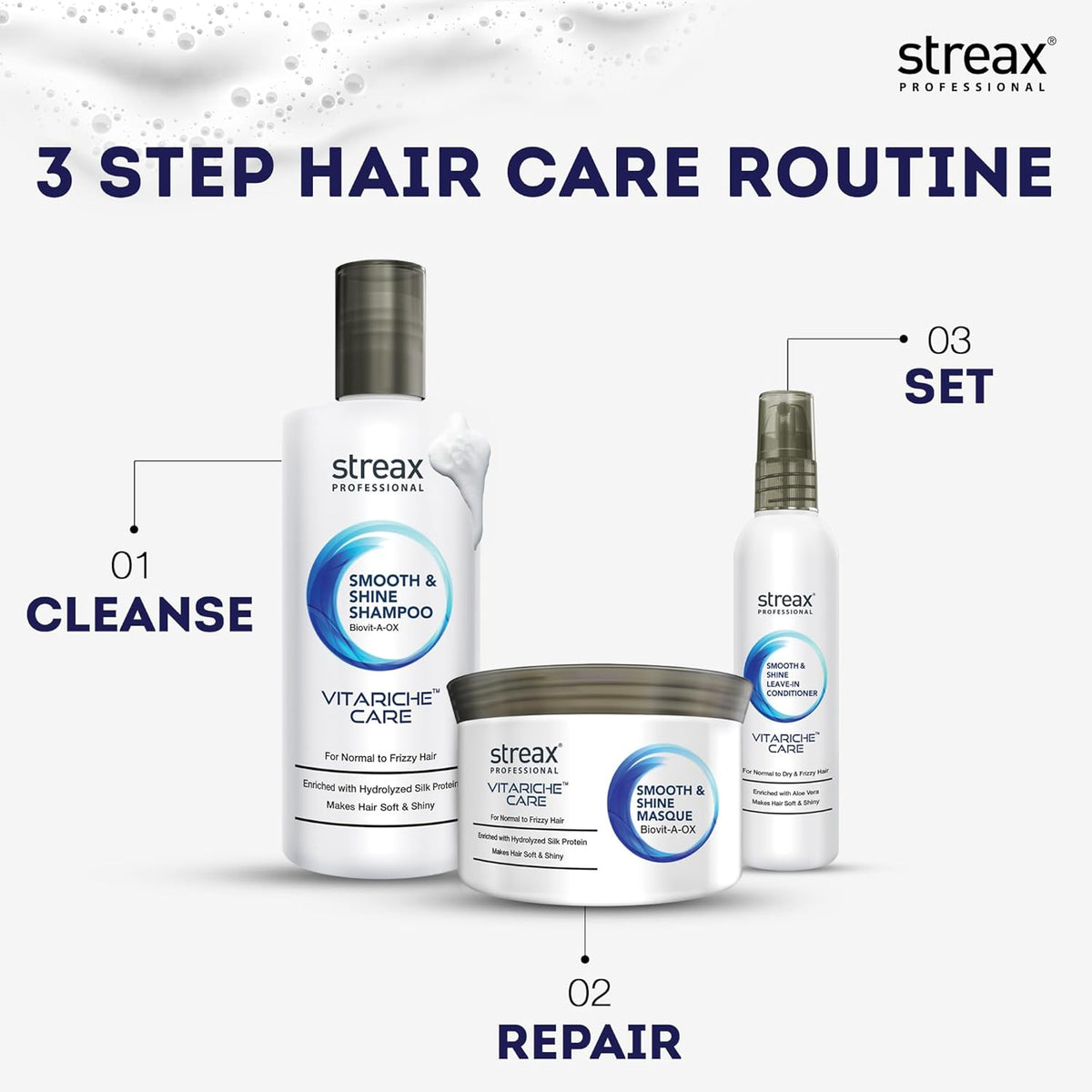 Streax Professional Vitariche Smooth & Shine Post care Combo Kit (Shampoo + Masque + Serum)