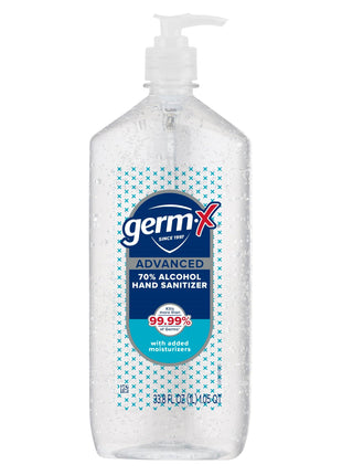 Germ-X Advanced Hand Sanitizer, 34 Fl Oz (1 Liter), Less Drying Moisturizing Clear Gel, No Rinse Formula, Large Family Size Pump Bottle