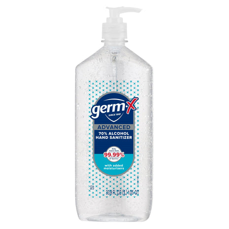 Germ-X Advanced Hand Sanitizer, 34 Fl Oz (1 Liter), Less Drying Moisturizing Clear Gel, No Rinse Formula, Large Family Size Pump Bottle