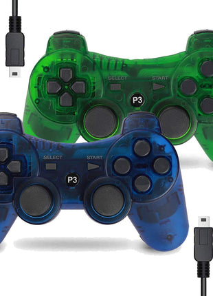 Wireless Controller for PS-3 Motion Sense Double Vibration Upgraded Gaming Remote for Play 3 with Charging Cord (Transparent Green and Transparent Blue)