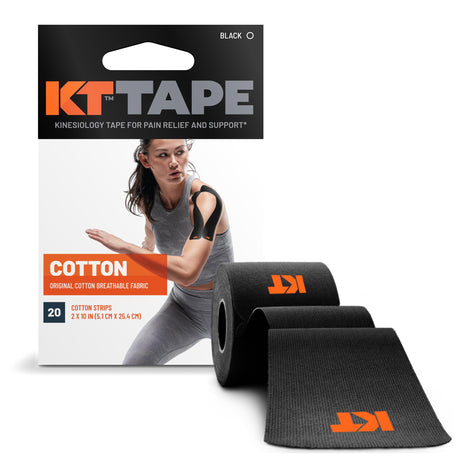 KT Tape, Original Cotton, Elastic Kinesiology Tape, Everyday Muscle and Joint Support, Daily Pain Relief, 20 Count, 10" Precut Strips, Black