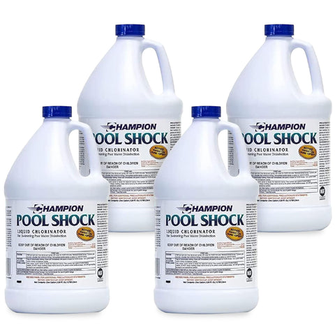 CPDI Champion 4-Pack Pool Shock, 12.5 Liquid Chlorinator for Swimming Pools, 1 Gallon Each - Fast-Acting Sodium Hypochlorite Sanitizer, Ready to Use, Non-Staining, Non-Scaling, Commercial Grade