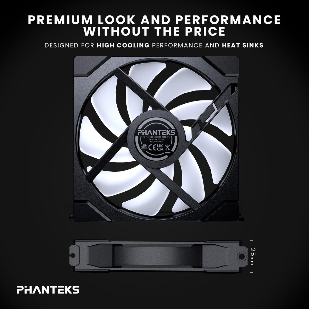 Phanteks M25-140 Gen2, 140mm ARGB High Performance Cooling Fans, Daisy-Chain Unified Fan Frame, Infinity Mirror hub, Single Cable Connection, Black