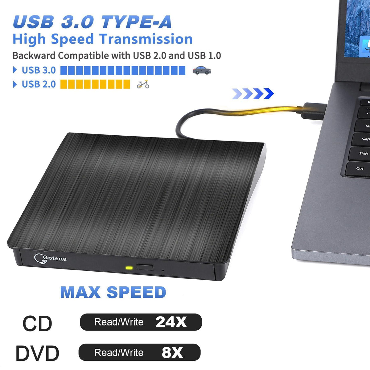Gotega External DVD Drive, USB 3.0 Portable +/-RW, DVD Player for CD ROM Burner Compatible with Laptop Desktop PC Windows Linux OS Apple Mac Black