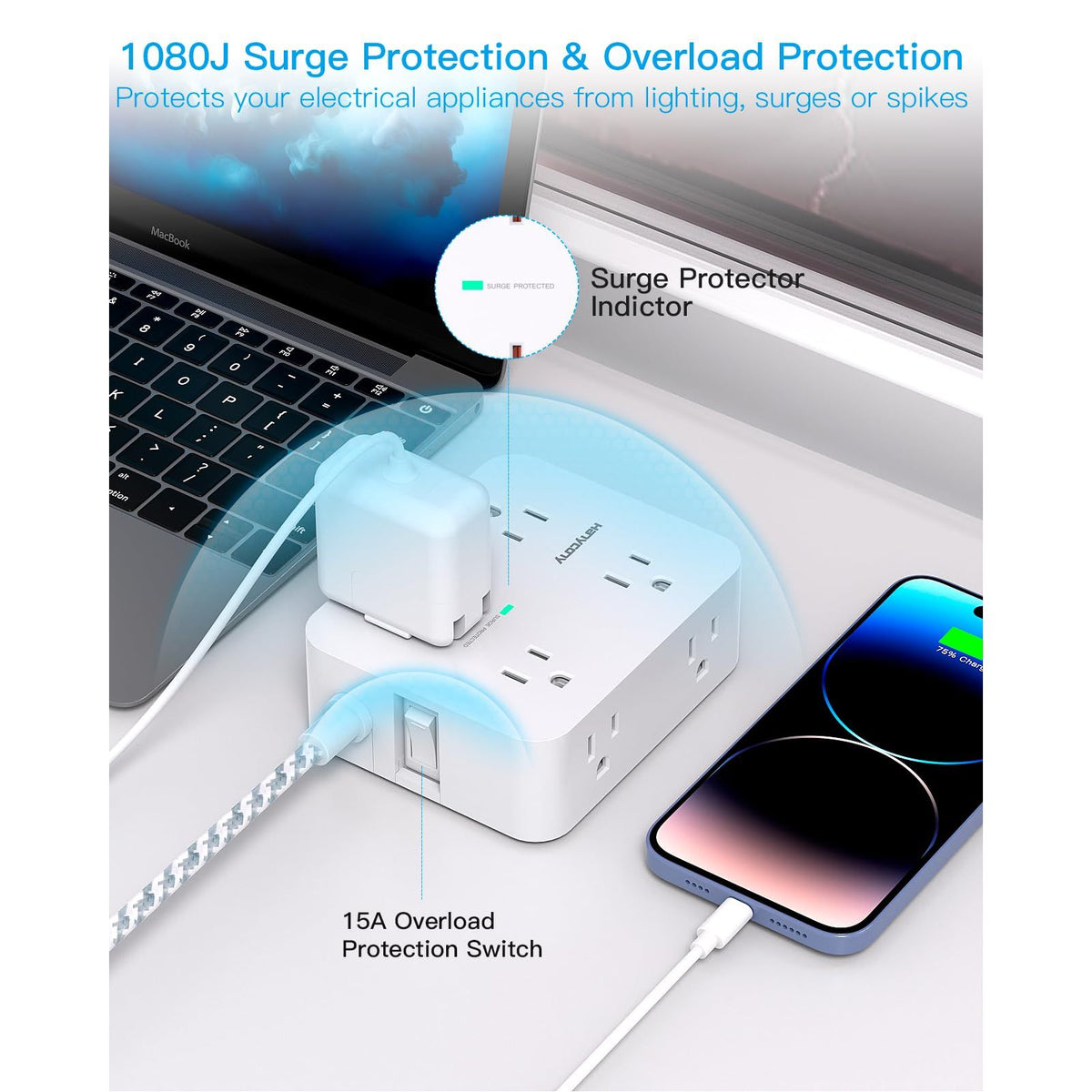 Surge Protector Power Strip - HANYCONY 8 Outlets 4 USB (2 USB C) Charging Ports, Multi Plug Outlet Extender, 5Ft Braided Extension Cord, Flat Plug Wall Mount Desk Charging Station for Home Office ETL