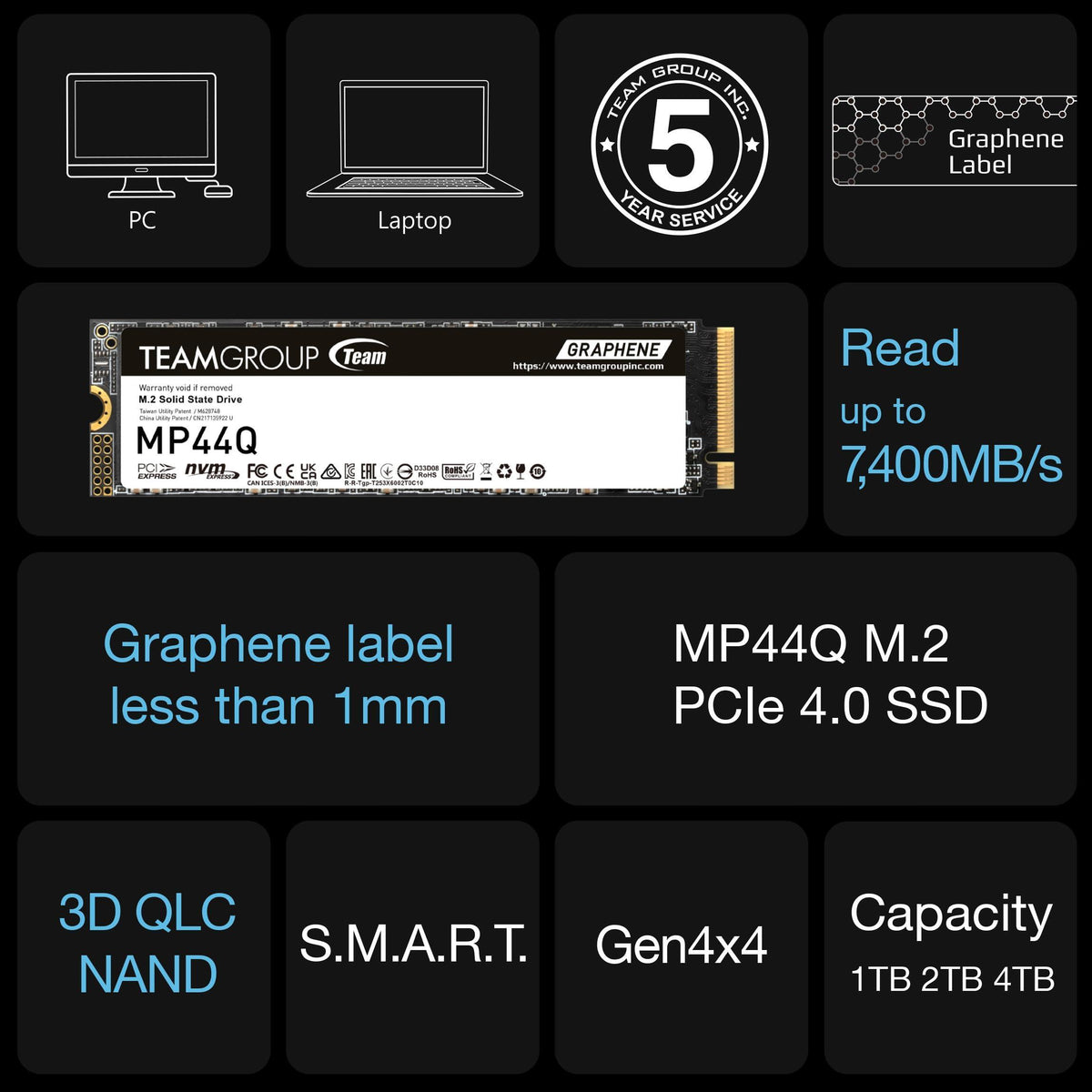TEAMGROUP MP44Q 2TB SLC Cache Gen 4x4 M.2 2280 PCIe 4.0 w/NVMe Laptop & Desktop & NUC & NAS SSD Read/Write Speed up to 7400/6500MB/s TM8FFD002T0C101