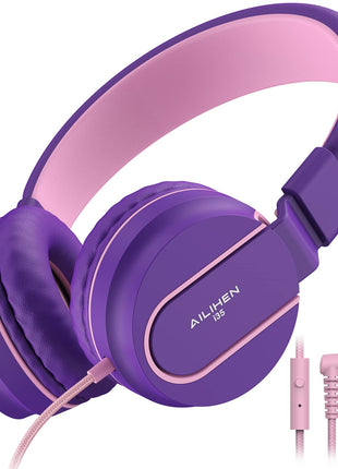 Kids Headphones, Wired Headphones for Kids On Ear with Microphone, 93dB Volume Limiter Headphone for Girls Boys, Foldable Lightweight Headphone for School Learning & Entertainment, Pink Purple