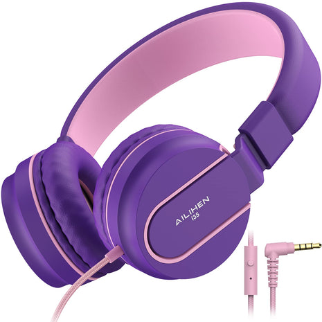 Kids Headphones, Wired Headphones for Kids On Ear with Microphone, 93dB Volume Limiter Headphone for Girls Boys, Foldable Lightweight Headphone for School Learning & Entertainment, Pink Purple