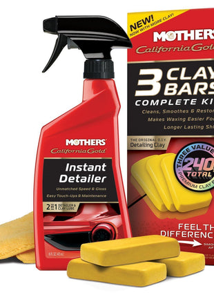 Mothers California Gold 3 Clay Bar Complete Kit, 3 80-gram Clay Bars + 16 oz. Instant Detailer + Microfiber Towel — Removes Contaminants, Restores Brilliance & Smoothness of Paint (07240)