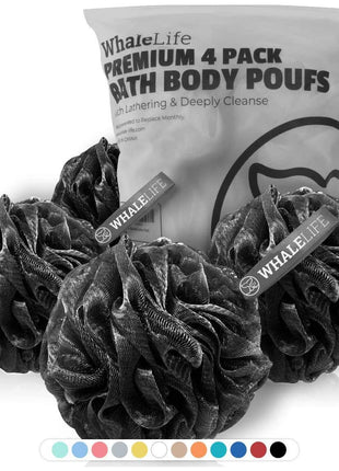 Shower Puff 4 Pack Black Bath Sponge Shower Loofahs Pouf Ball Nature Bamboo Charcoal Mesh Bulk Puffs Large, Shower Essential Skin Care by WhaleLife