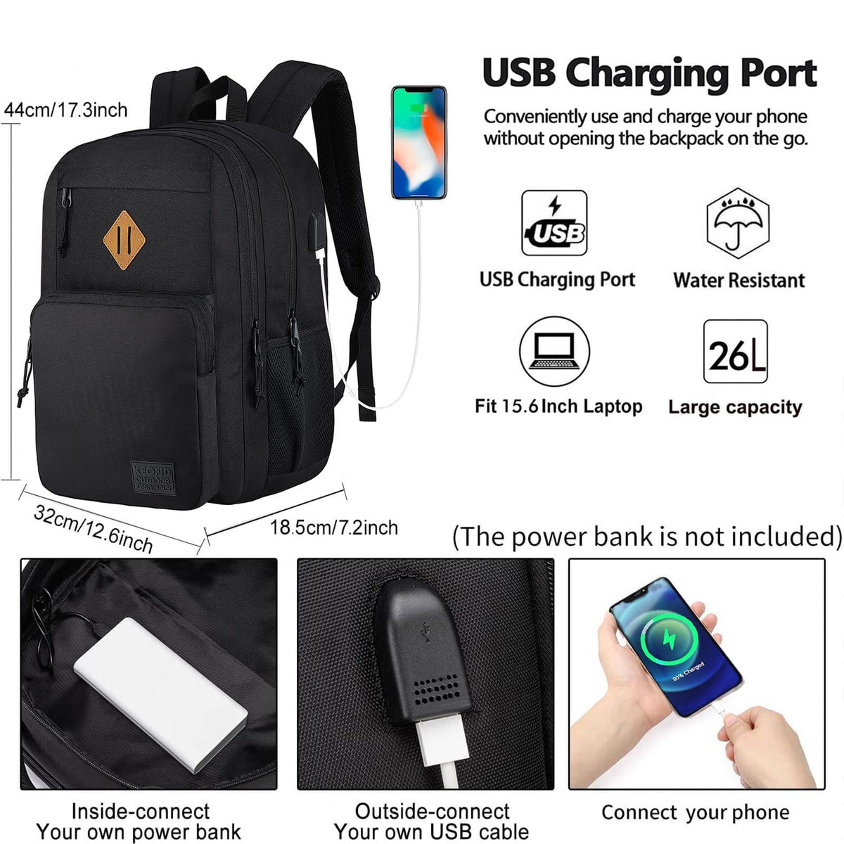 KEOFID Travel backpack for Men and Women, Anti Theft Laptop Backpack with USB Charging Port for Work, Large Bag for College, BLACK BOOK BAG FOR BOYS, GILRS Backpack,Water Resistent(Black)