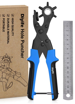 Diyife Professional Leather Hole Puncher, Full Set Punch Tool Kits for Belt, Watch Band, Shoe, Crafting, Handbag Straps, Fabric, with Extra Punch Plates and Ruler, Multi Hole Sizes Make - Blue