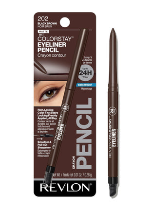 Revlon ColorStay Pencil Waterproof Eyeliner, 202 Black Brown, 0.01 oz | Waterproof pencil eyeliner with built-in sharpener. Smudge-proof, long-lasting, intense matte color.