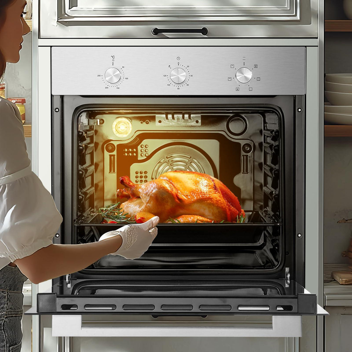 VEVOR Single Wall Oven, 2.68 Cu.Ft Electric Wall Ovens with Timer, 24" Built-in Electric Wall Oven with 6 Cooking Functions, Mechanical Knob Control Convection Wall Oven with Baking Rack and Tray