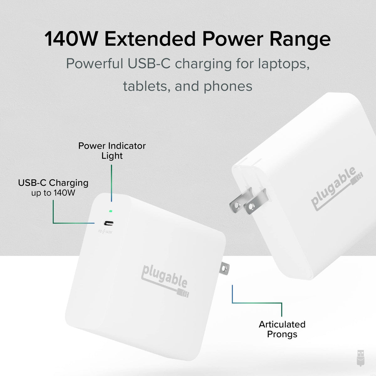 Plugable 140W USB C Charger, GaN Wall Charger for Laptop, PD 3.1 (EPR) Power Adapter, Compatible with MacBook Pro, MacBook Air iPad Pro, Surface and USB-C Devices