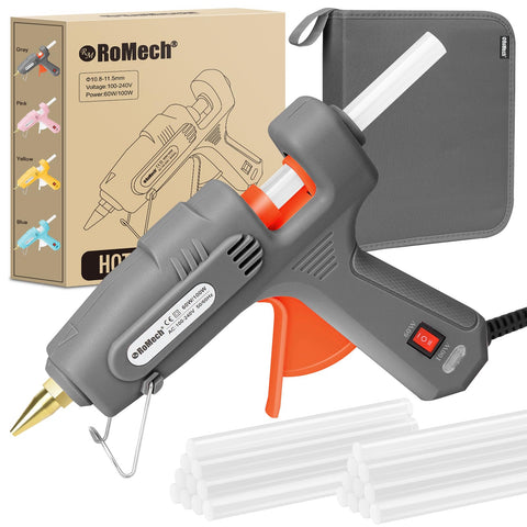 ROMECH Full Size Hot Glue Gun with 60/100W Dual Power and 21 Hot Glue Sticks (7/16 inch), Fast Preheating Heavy Duty Industrial Gluegun with Storage Case for Crafting, DIY and Repairs (Gray)
