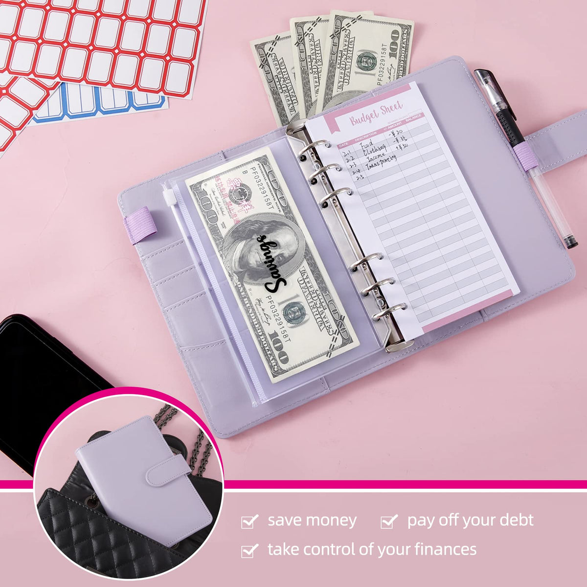 NICOOTHBudget Binder Cash Envelopes A6 Money Saving Binder with Zipper envelopes (Purple)