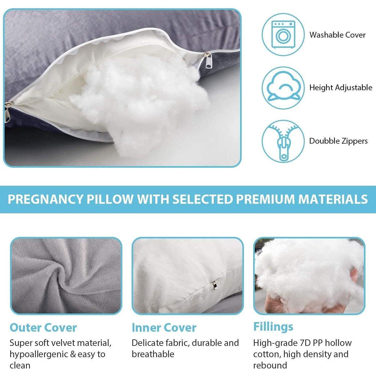 Jcickt Pregnancy Pillow J-Shaped Full Body Pillow, 59 inch with Velvet Cover Easy to Remove and Wash, Support Pregnant Women's Backs Legs and HIPS, Improve Sleep,Pregnancy Pillow for Women ，Gray