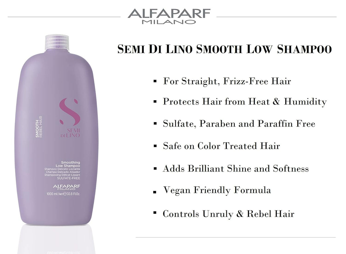 Alfaparf Milano Semi Di Lino Smooth Low Shampoo for Frizzy and Rebel Hair - Sulfate Free Shampoo - Straightens, Hydrates and Smoothes Unruly Hair Sulfate, Paraben and Paraffin Free (1000ml)