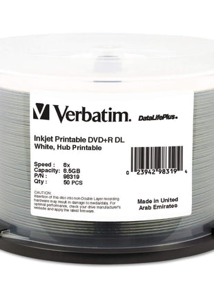Verbatim DVD+R DL 8.5GB 8X DataLifePlus White Inkjet Printable, Hub Printable - 50pk Spindle