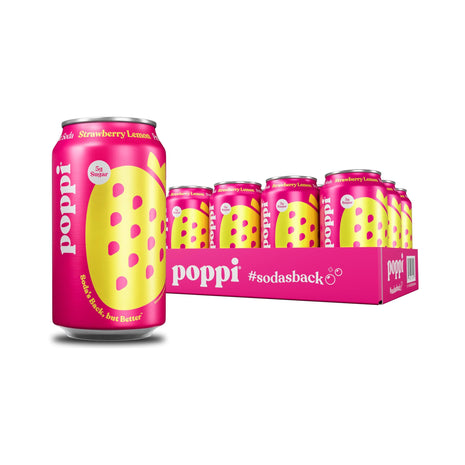 Poppi Sparkling Prebiotic Soda Beverage with Apple Cider Vinegar, Seltzer Water and Fruit Juice, Strawberry Lemon Flavor, 12 FL Oz, Pack of 12, Packaging May Vary