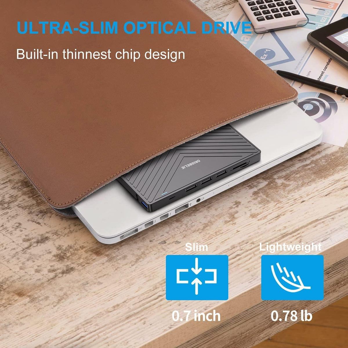 ORIGBELIE External CD DVD Drive, Ultra Slim CD Burner USB 3.0 with 4 USB Ports and 2 TF/SD Card Slots, Optical Disk Drive for Laptop Mac, PC Windows 11/10/8/7 Linux OS