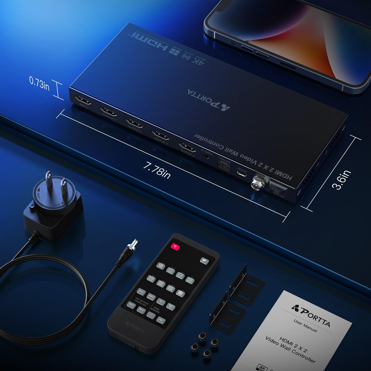 PORTTA HDMl Video Wall Controller 2x2 4K, Video Wall Processor with 11 Splicing Modes, RS232, 180° Rotate, Audio Extractor, 2x2,1x2,1x3,1x4,2x1,3x1x4x1, 4 tv Screens into 1 Wall Display