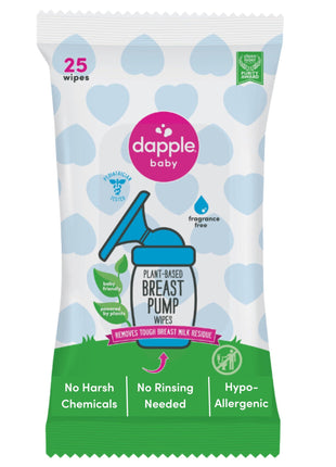 Breast Pump Wipes by Dapple Baby, Hypoallergenic & Powered by Plants, Removes Milk Residue, Leaves No Taste, Convenient Wipes Pouch, Fragrance Free, 25 Count (Pack of 1)