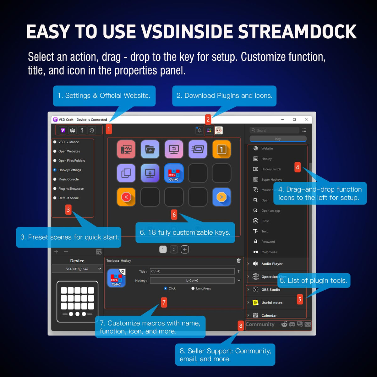 VSDINSIDE Macro Keypad, Stream Controller Deck Gaming Streaming Shortcut Keyboard, 18 Programmable Keys Customizable Visual AI Pad USB Soundboard for OBS, YouTube, Desk Office Setup, Laptop, PC, Mac
