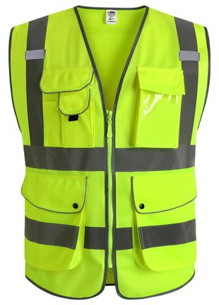 JKSafety 9 Pockets Class 2 High Visibility Zipper Front Safety Vest With Reflective Strips,Meets ANSI/ISEA Standard (Large, 150-Yellow)