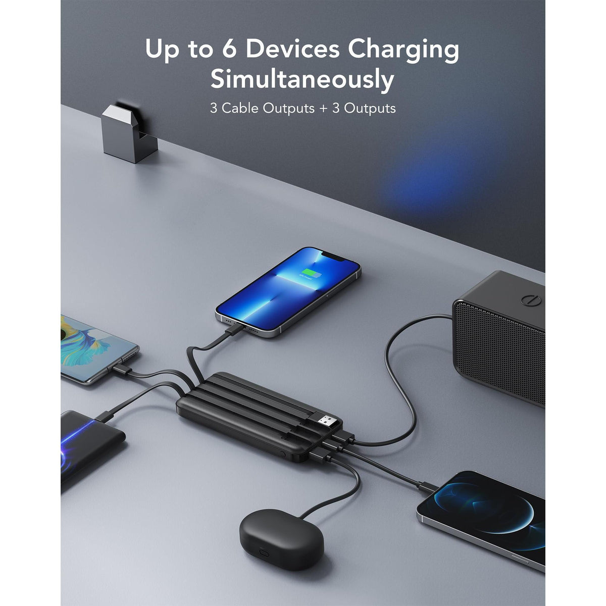 charmast Portable Charger with Built in Cables, Power Bank with Cords Wires, Slim 10000mAh Travel Battery Pack 6 Outputs 3 Inputs 3A Fast Charging for Samsung Google Pixel LG Moto iPhone iPad