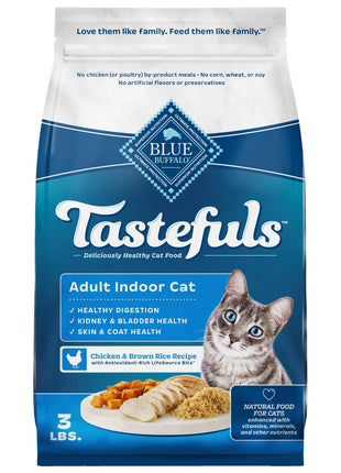 Blue Buffalo Tastefuls Adult Dry Cat Food Indoor Cat Formula, Made in the USA with Natural Ingredients, Chicken & Brown Rice Recipe, 3-lb. Bag